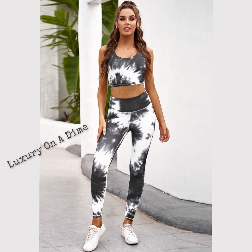 2-Piece Activewear Set Tie-dye Sporty Crop Top & Pant Leggings Matching Outfit - Picture 5 of 12